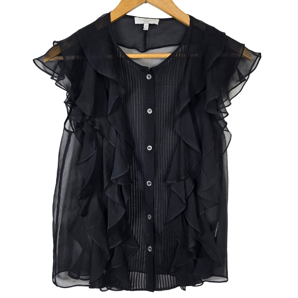 Adam Lippes Black Silk Ruffle Sheer Cap Sleeve Button‎ Front Blouse Top Size 2